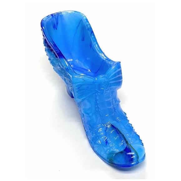 Daisy Bow Tie Button Shoe Boyd Glass 1999 Peacock Cobalt Swirl Slag - Picture 2 of 8